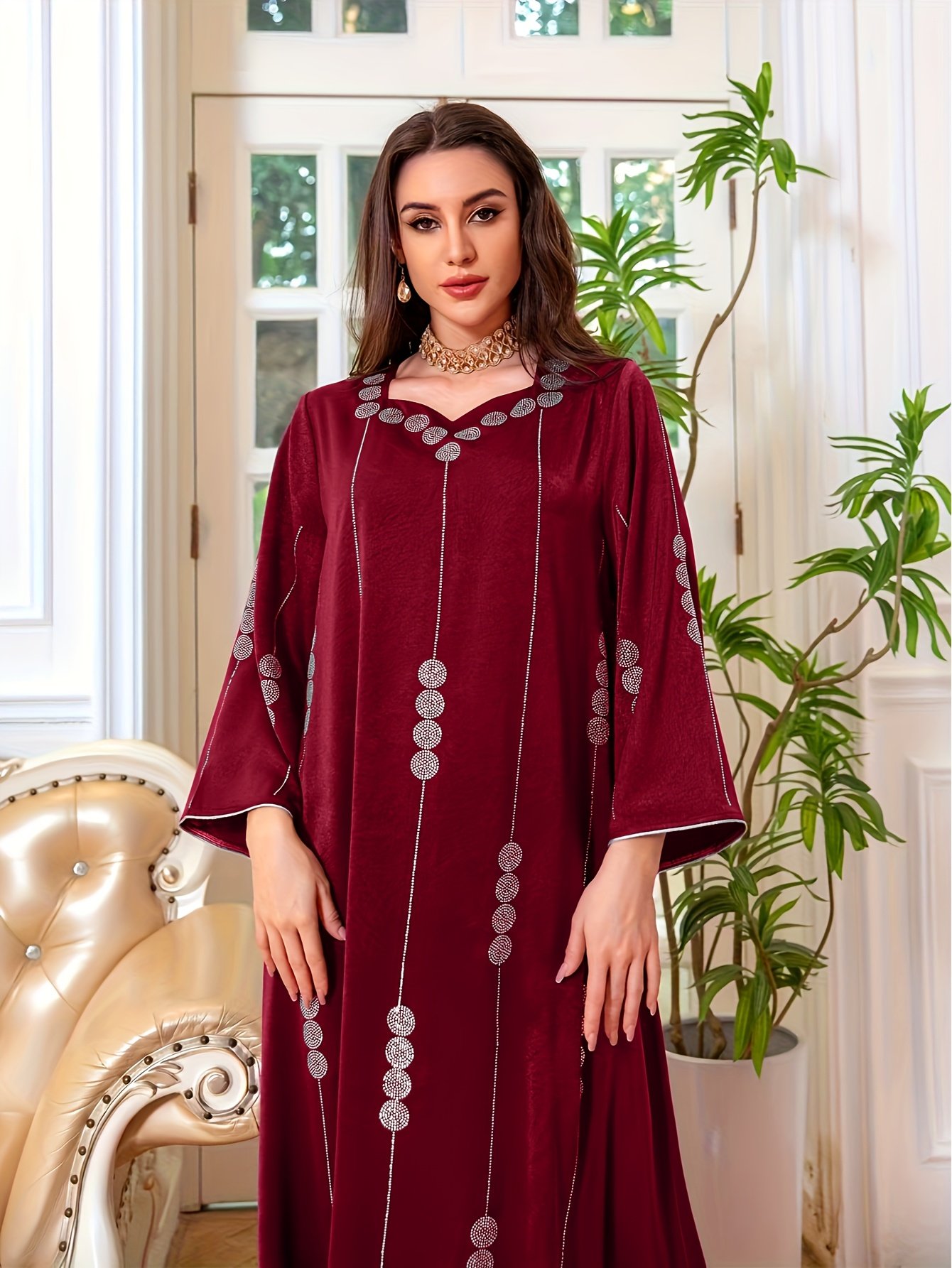 Arab Dubai Satin Sequin Muslimah Fashion Dress Gown – Deep Red