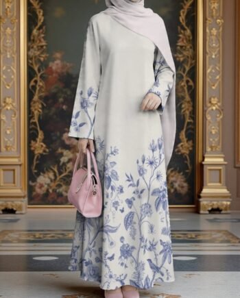 Blue and White Porcelain Print Muslim Robe Middle Eastern Traditional Long Dress