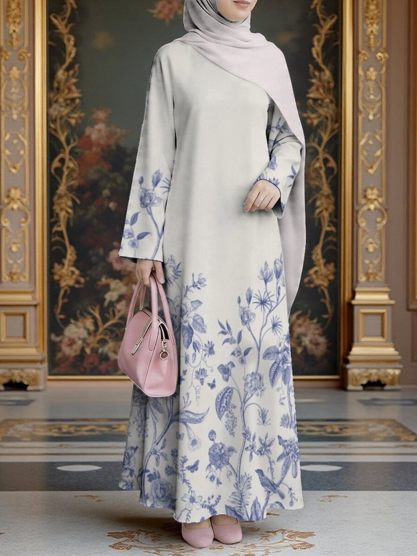 Blue and White Porcelain Print Muslim Robe Middle Eastern Traditional Long Dress
