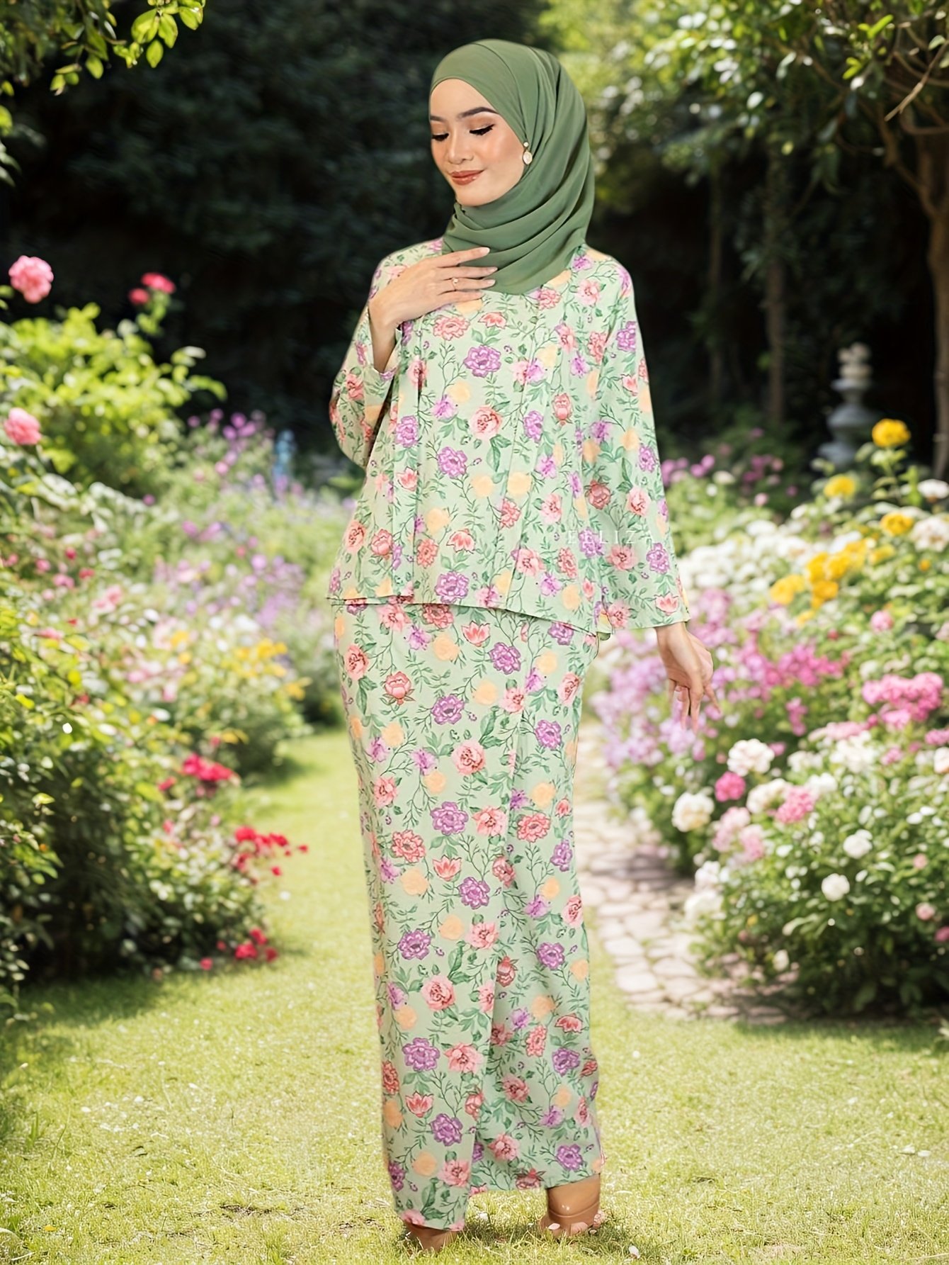 Elegant Dignified Floral Print Women Top and Skirt 2PCS Set