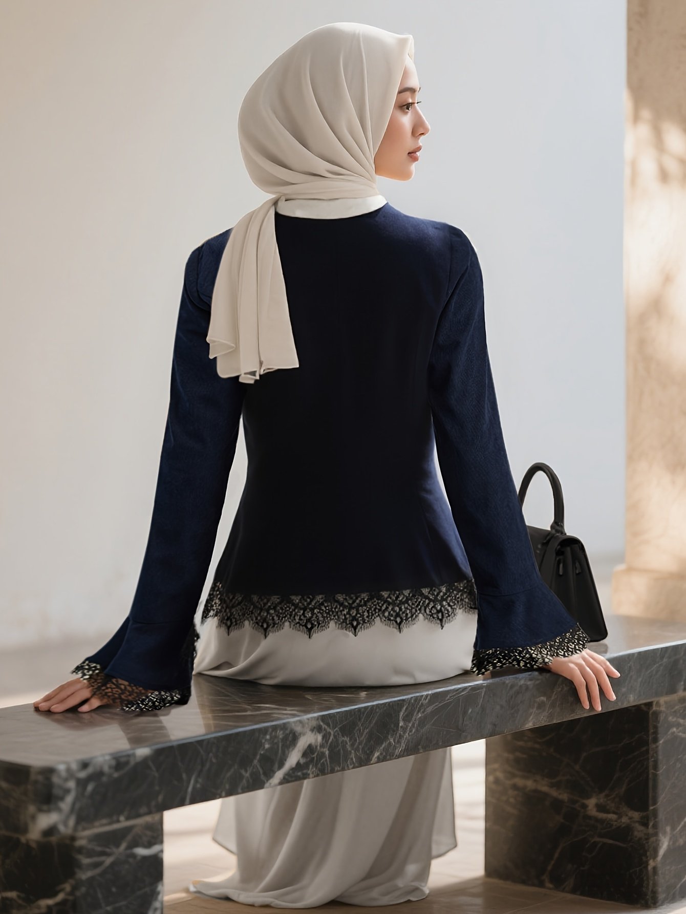 Navy Blue Kebaya Blazer with Lace Trim Modest Baju Kurung Outerwear for Women