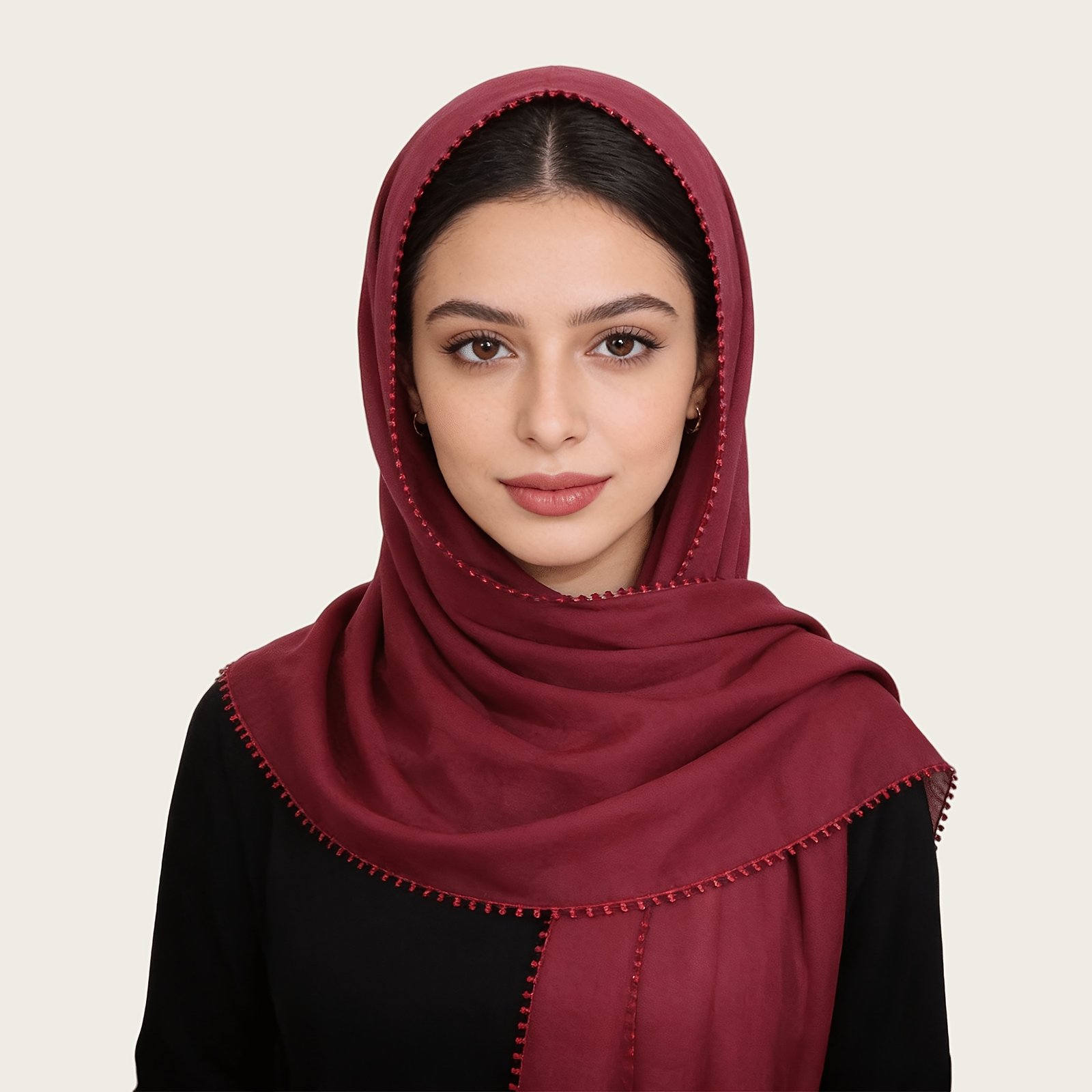 Women Thickened TR Soft Malaysian Hijab Rectangular Scarf with Floral Edge Design