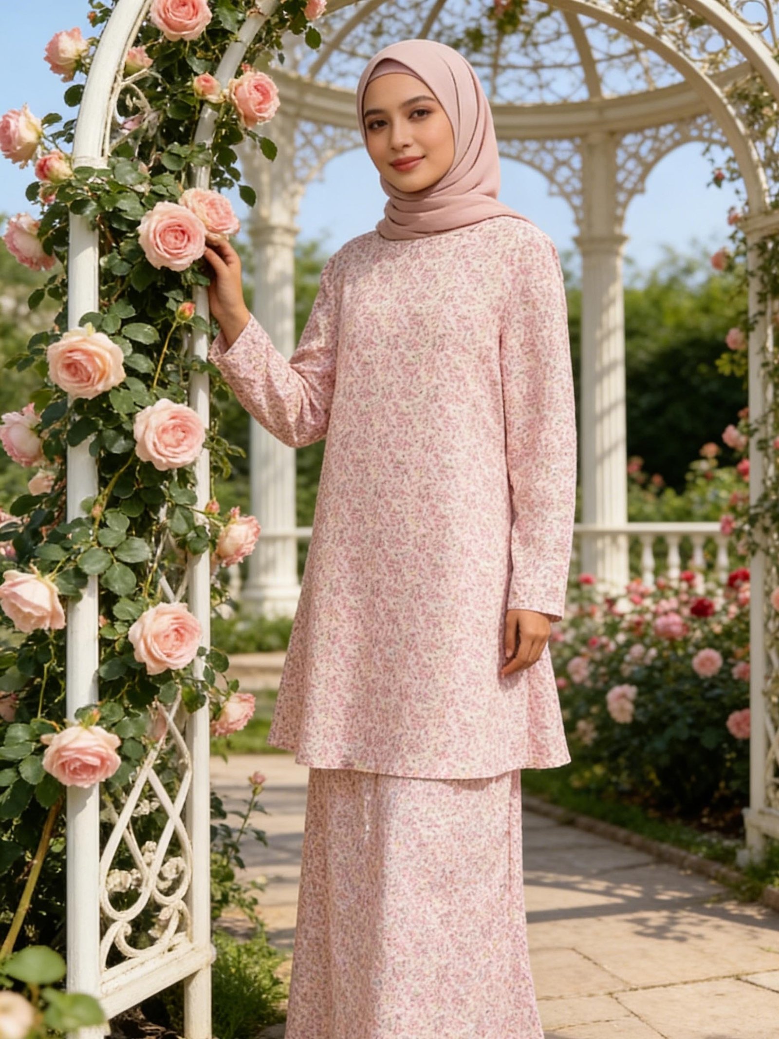 Elegant Floral Slim Fit Malay Women Suit Long Sleeve Traditional Muslimah Outfit
