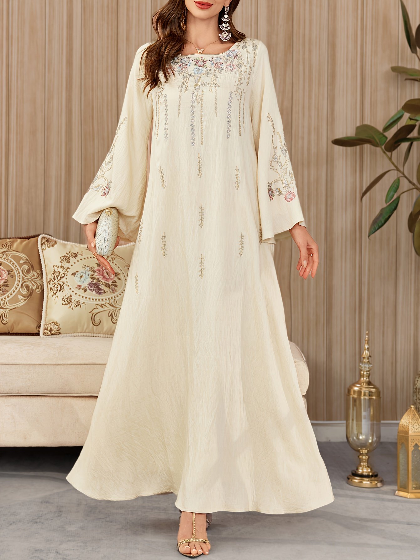 Women Elegant Embroidered Kaftan Dress Minimalist Modest Casual Wear – Apricot