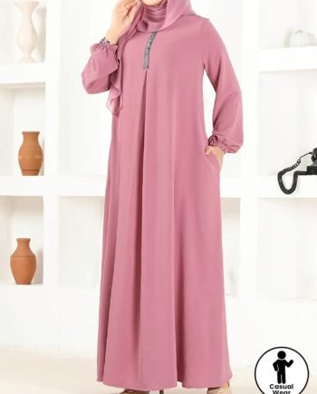 Women Loose Fit Long Sleeve Robe Dress Modest Muslimah Fashion – Pink