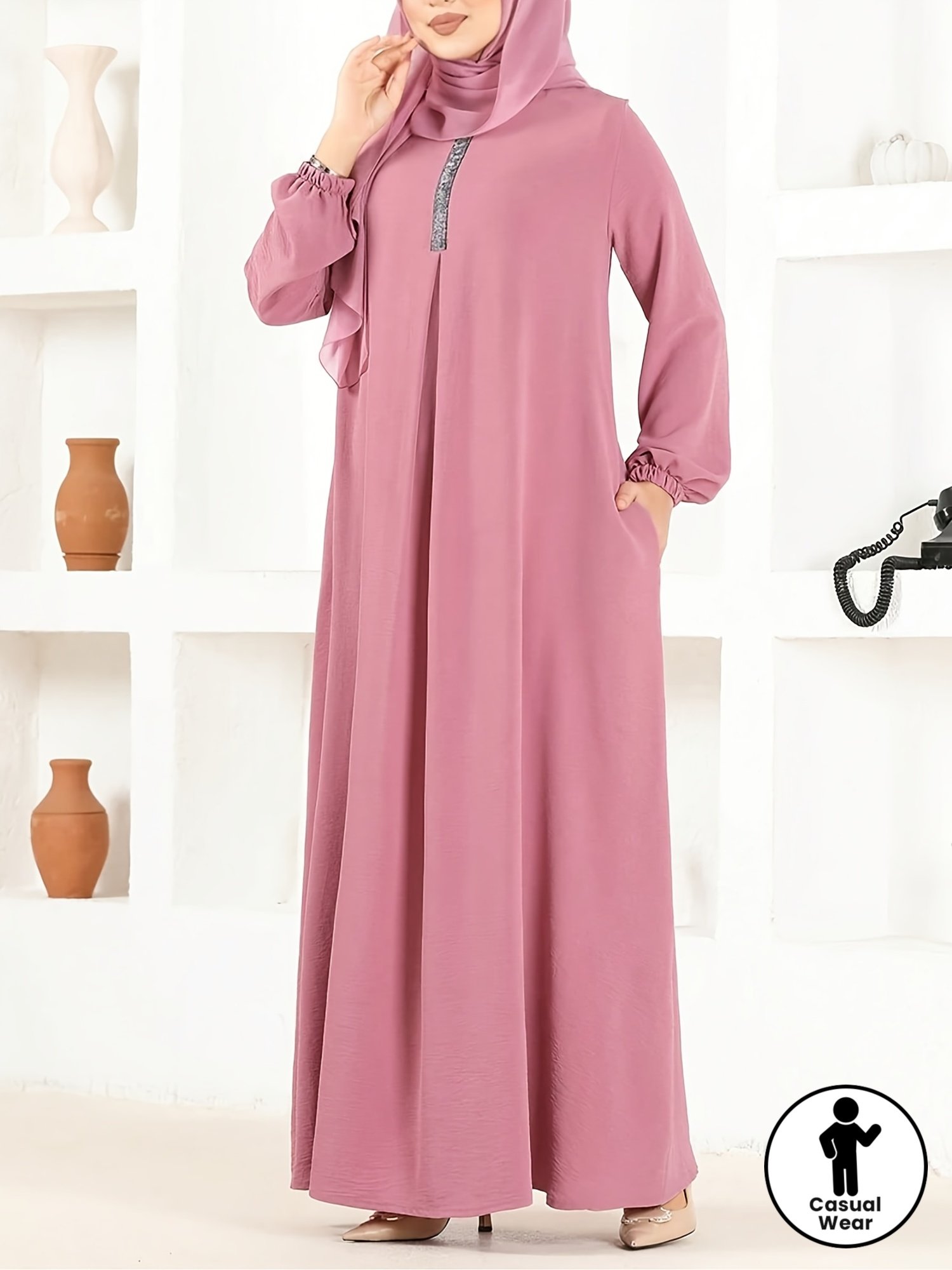 Women Loose Fit Long Sleeve Robe Dress Modest Muslimah Fashion – Pink