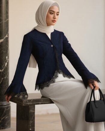 Navy Blue Kebaya Blazer with Lace Trim Modest Baju Kurung Outerwear for Women