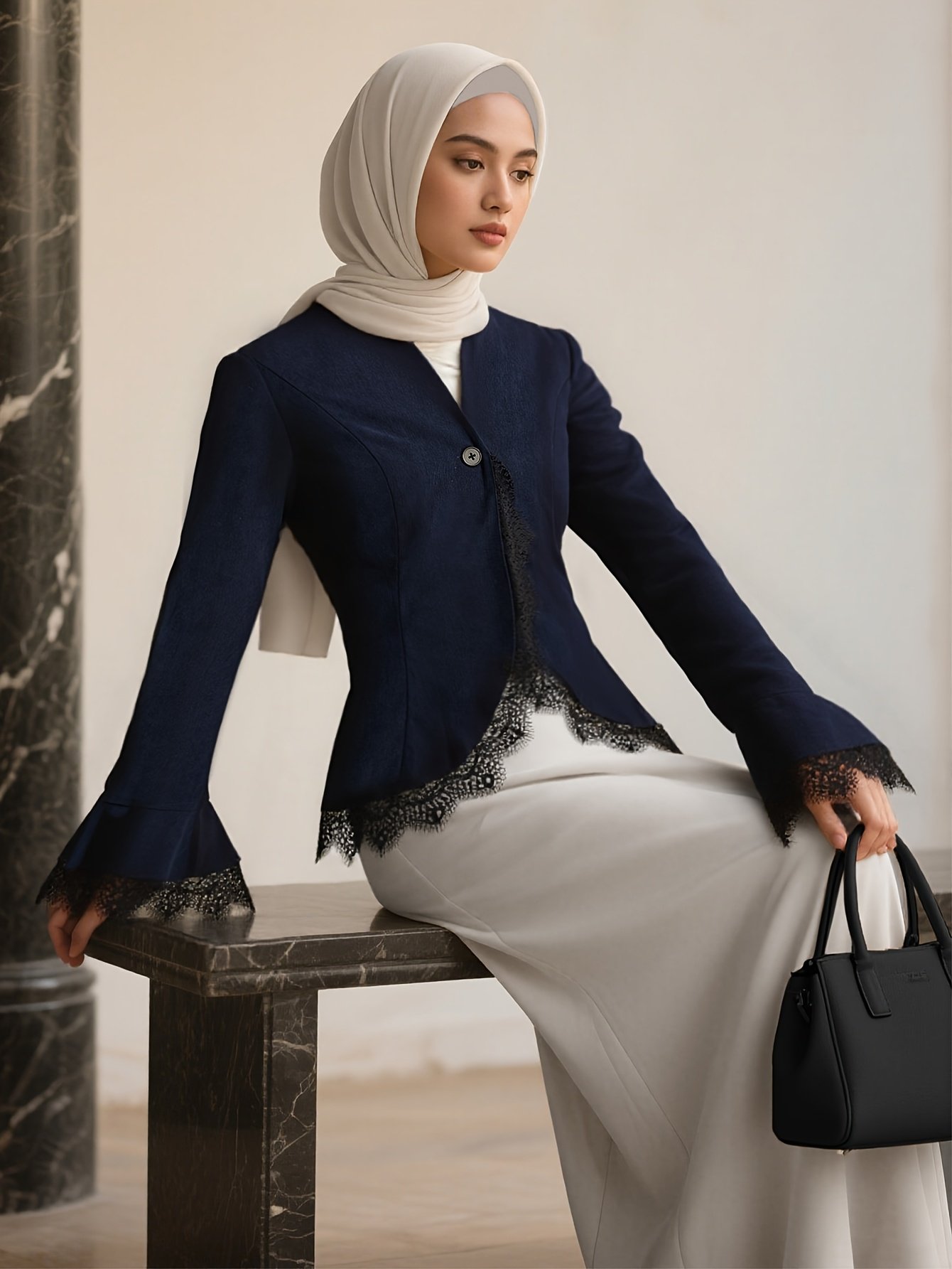 Navy Blue Kebaya Blazer with Lace Trim Modest Baju Kurung Outerwear for Women