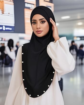 Elegant Beaded Neck Cover Headscarf Base Cap Breathable Muslimah Inner Hijab – Black