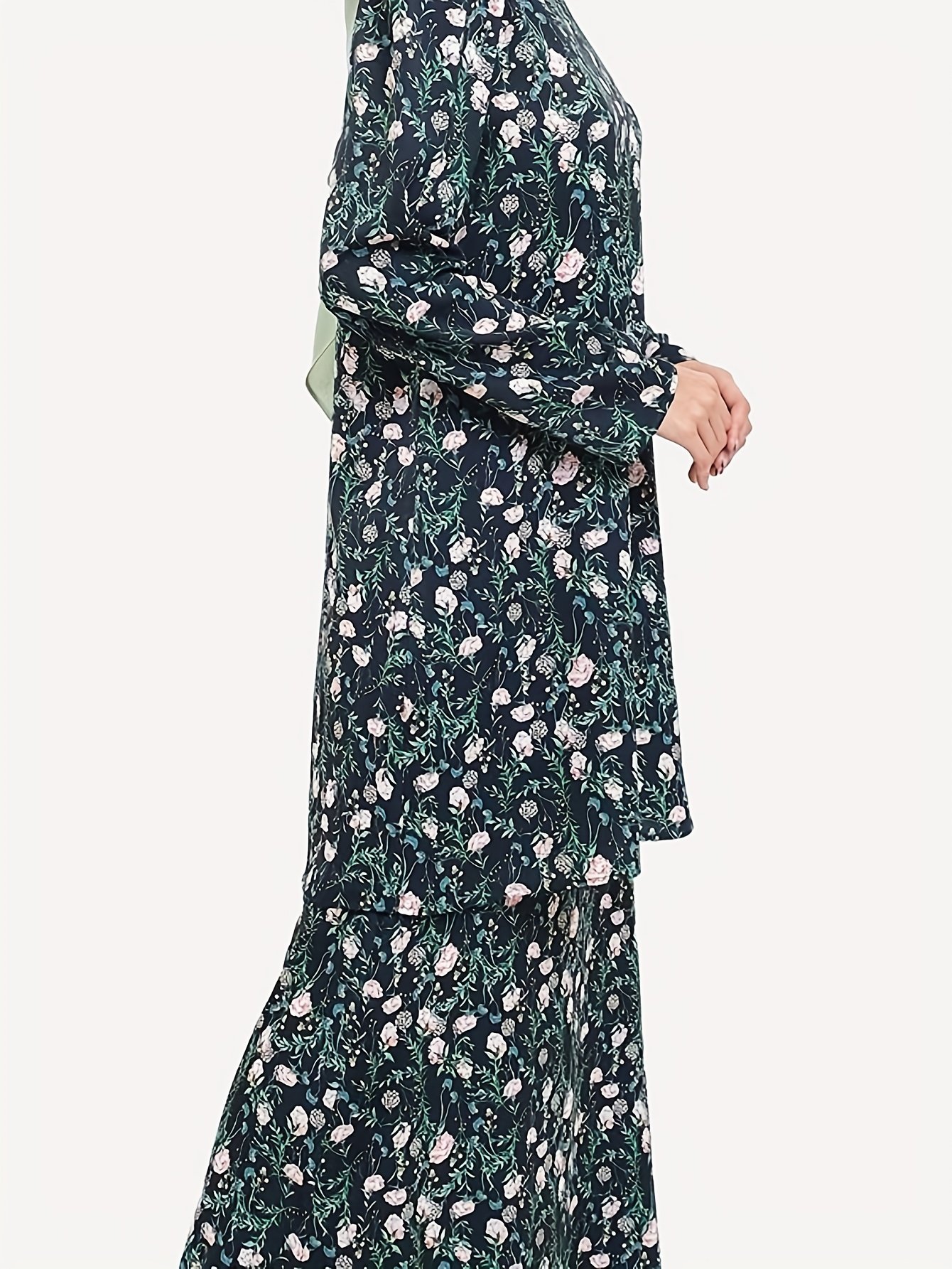 Women Baju Kurung Elegant Long Sleeve Floral Two-Piece Half Skirt Set