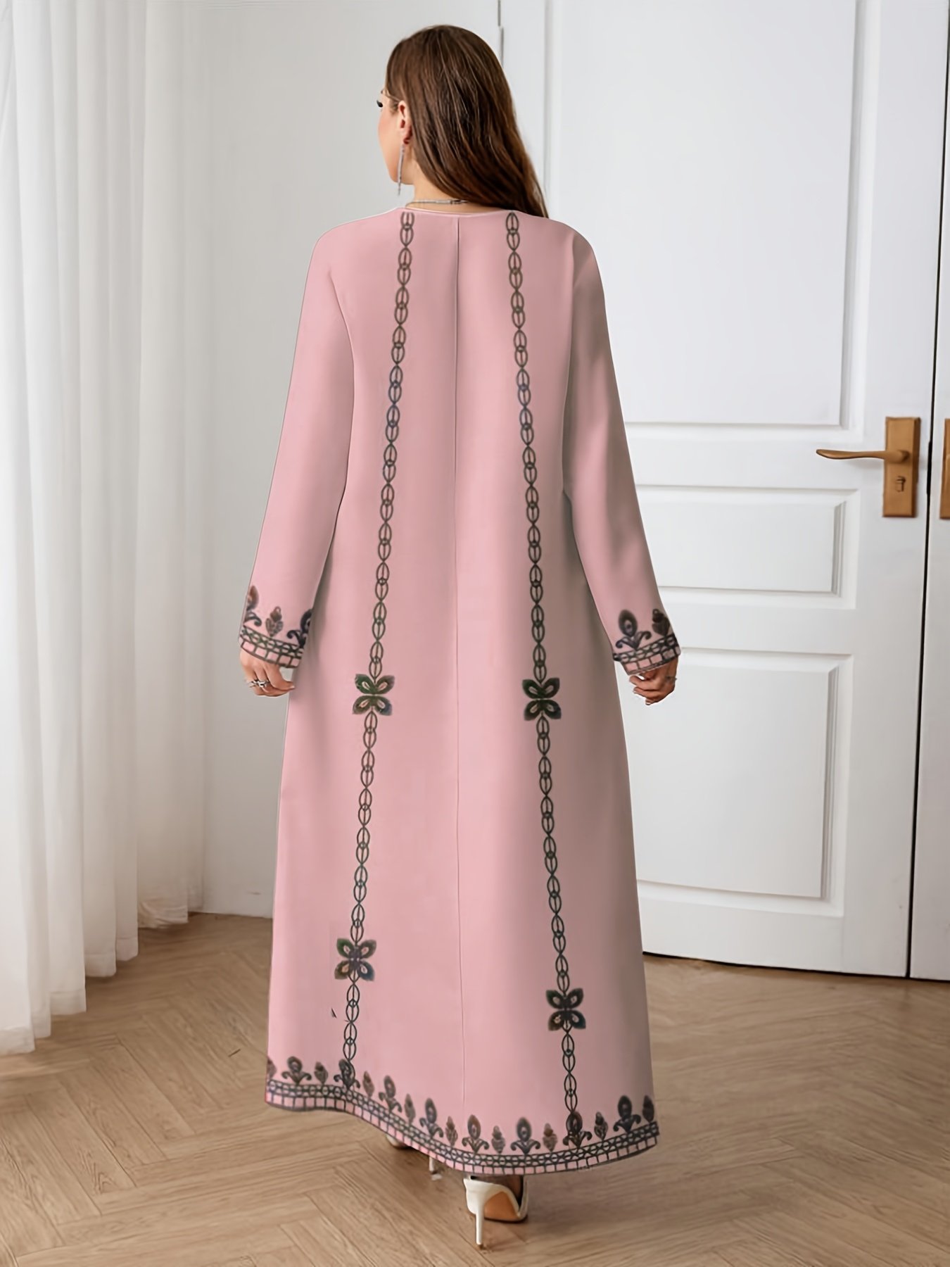 Spring Autumn Plus Size Ethnic Print Long Sleeve Dress Women Loose Vacation Style – Pink