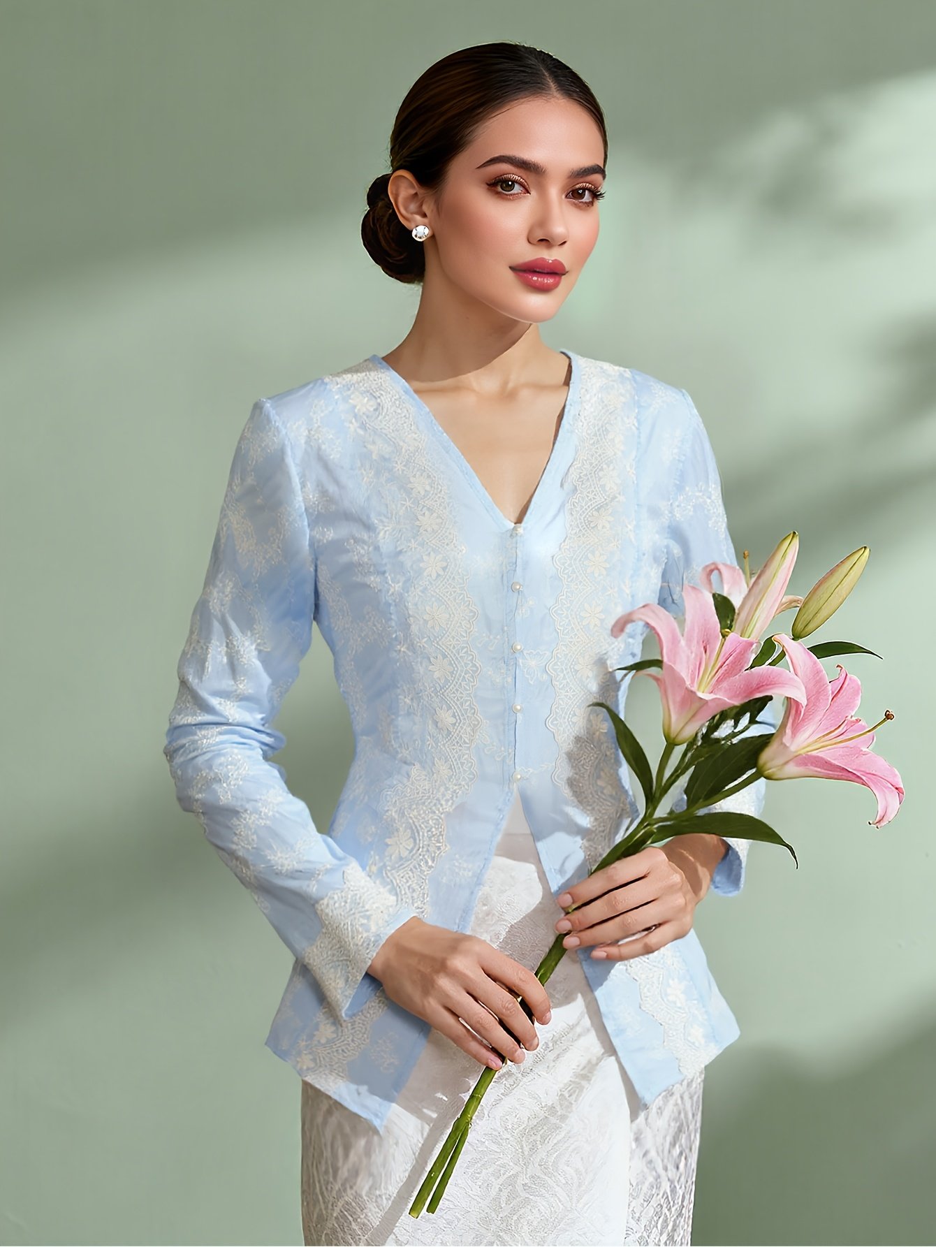 Light Blue Lace Embroidered Kebaya Top Elegant Women Traditional Fashion Wear