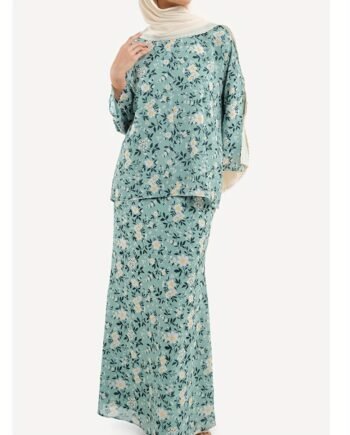 Elegant Floral Print Baju Kurung Dress Set for Women Round Neck Muslimah Outfit – Mineral Green