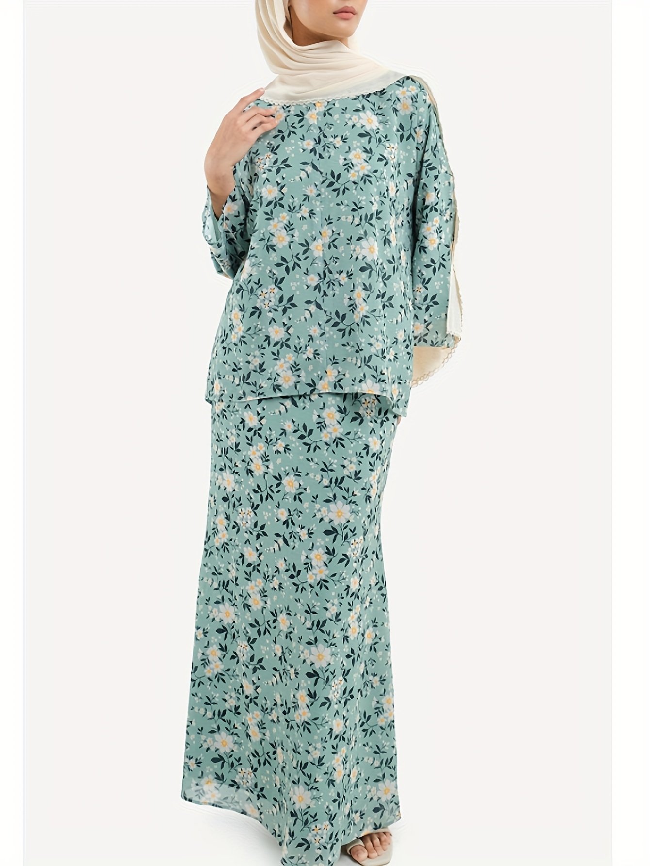 Elegant Floral Print Baju Kurung Dress Set for Women Round Neck Muslimah Outfit – Mineral Green
