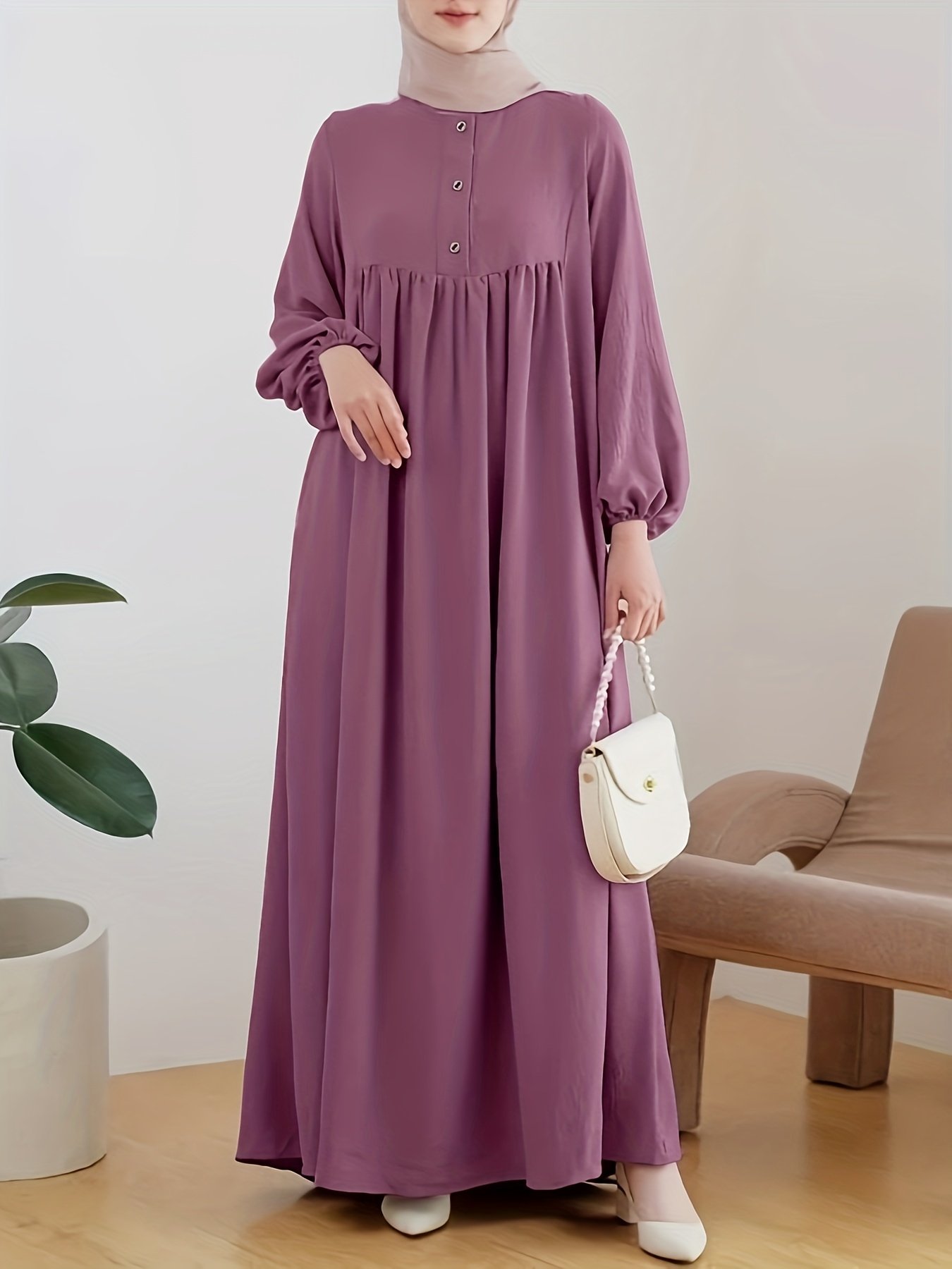 Women Casual Loose Long Dress Round Neck Lantern Sleeve Flowy Dress – Dusty Rose