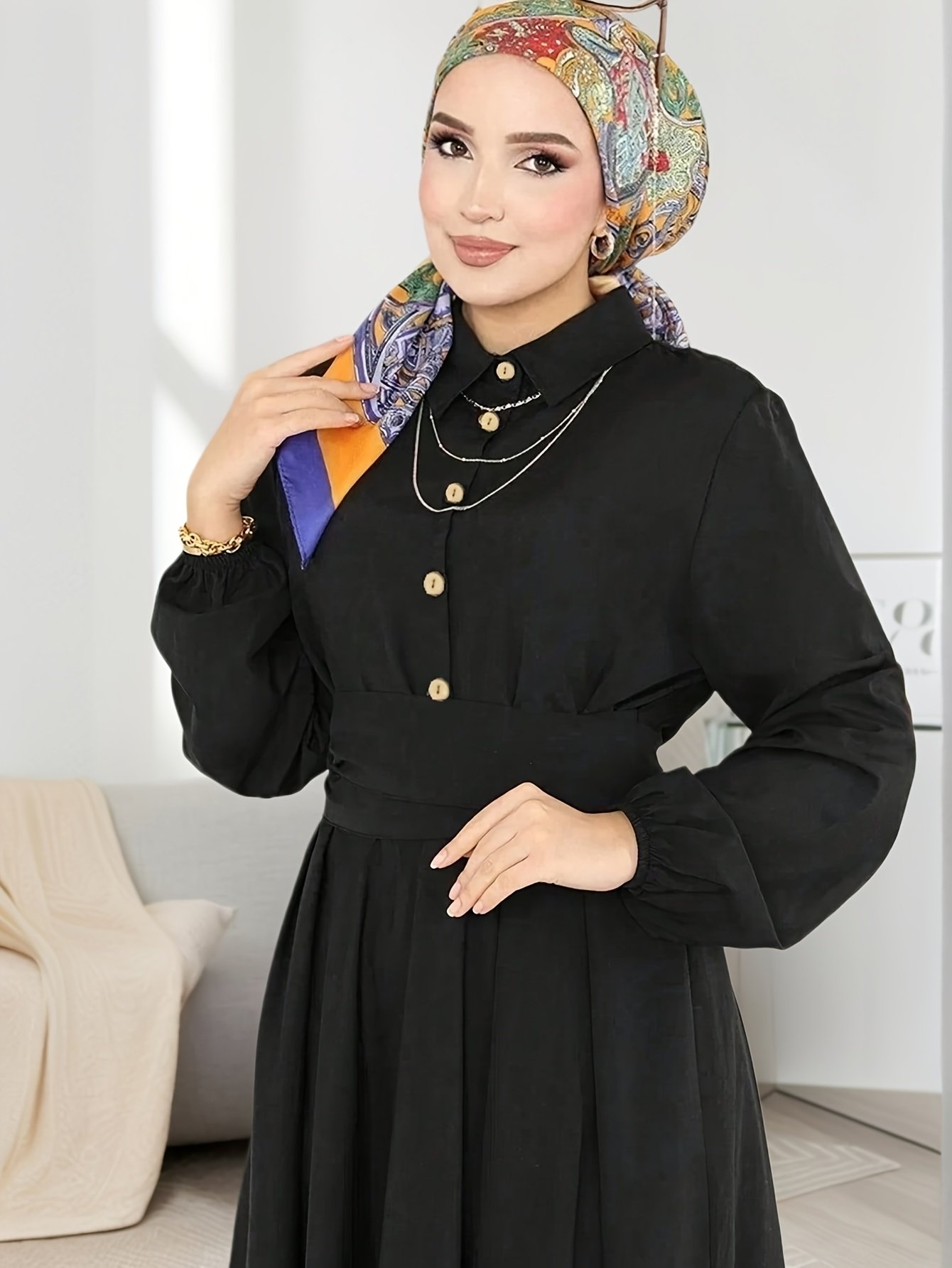 Elegant Retro Lantern Sleeve Muslimah Pullover Dress Casual Long Sleeve Outfit