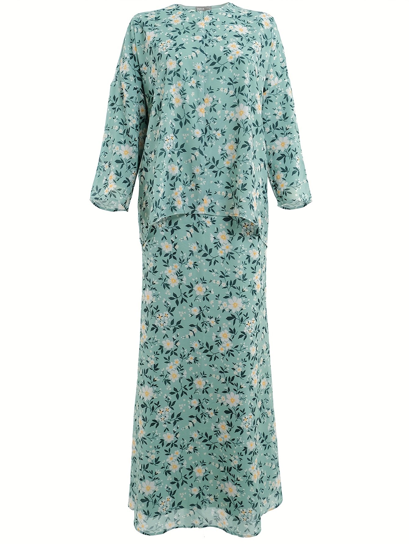 Elegant Floral Print Baju Kurung Dress Set for Women Round Neck Muslimah Outfit – Mineral Green