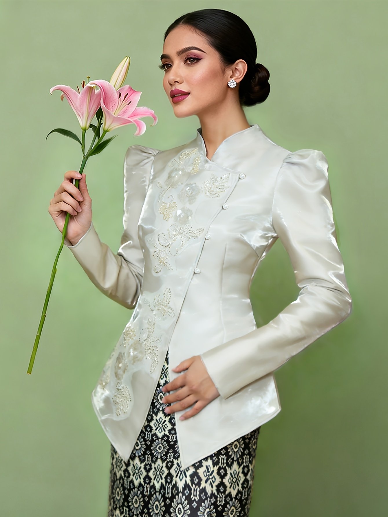 Elegant Satin Floral Embroidered Kebaya Top for Women Traditional Fashion Wear